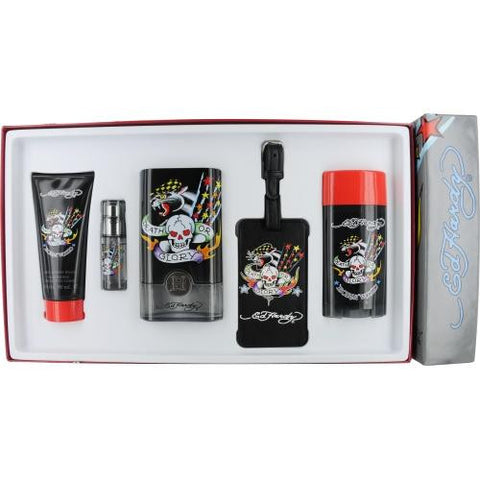 Ed Hardy Born Wild By Christian Audigier Edt Spray 3.4 Oz & Deodorant Stick Alcohol Free 2.75 Oz & Hair And Body Wash 3 Oz & Edt Spray .25 Oz Mini & Luggage Tag